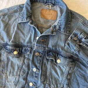 & Denim Women's XS Jean Jacket Cropped Medium Wash Button Classic Fit J10‎